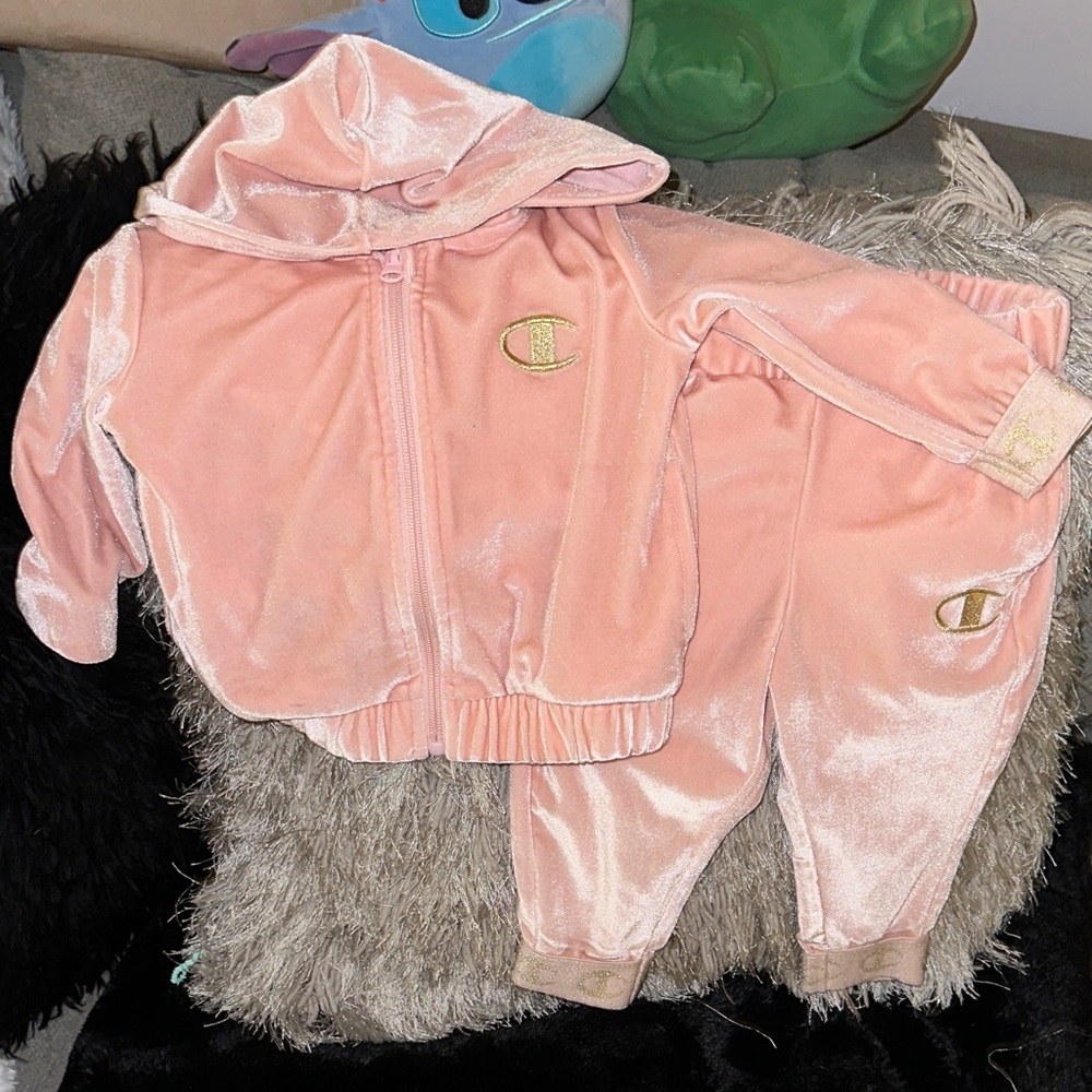 Champion Pink Velour Tracksuit with Gold Logo